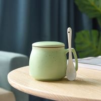 满天星绿色 早餐杯+瓷盖+瓷勺|陶瓷杯子家用水杯牛奶早餐杯男女喝水茶杯马克杯带盖勺情侣咖啡杯