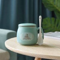 海绿time 早餐杯+瓷盖+瓷勺|陶瓷杯子家用水杯牛奶早餐杯男女喝水茶杯马克杯带盖勺情侣咖啡杯