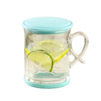 果香杯蓝色(花型随机)|家用加厚耐热梅兰竹菊刻花玻璃杯办公泡茶杯大容量带盖带把水杯子