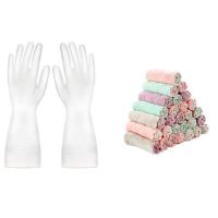 纯色款2双+洗碗布2张 M[中号]|多功能清洁手套男女洗碗洗菜乳胶手套防水耐用家务洗衣不伤手神器