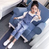 女童裤子背带裤牛仔裤春秋中大童破洞女孩洋气休闲裤潮条纹打底衫