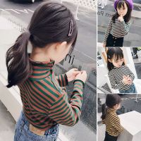 [加绒]2020女童秋装打底衫儿童长袖恤小女孩春秋高领条纹上衣