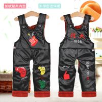 儿童皮棉裤宝宝冬款加绒加厚男童女童开档背带连体隔尿保暖裤秋冬