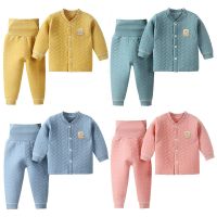 婴儿套装宝宝加绒彩棉三层保暖套装儿童夹棉开衫高腰护肚棉裤套装