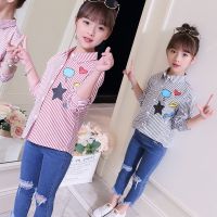 2020女童衬衫新款韩版中大童时髦12潮衣15岁女童星星竖条衬衫F5