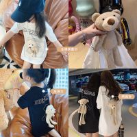 女童短袖夏装小熊恤洋气男童中长款上衣儿童裙亲子母女装情侣装K6