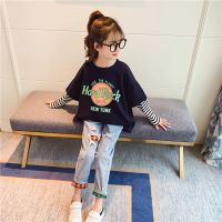 女童长袖恤儿童春秋新款洋气中大童纯棉打底衫拼接假两件上衣潮V5