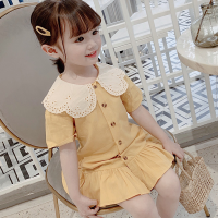 女童夏装纯棉洋气荷叶边裙女宝宝娃娃领公主连衣裙中小童短袖衬衫F8