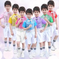 儿童表演服装男童背带裤演出服男孩亮片舞蹈小学生六一大合唱套装