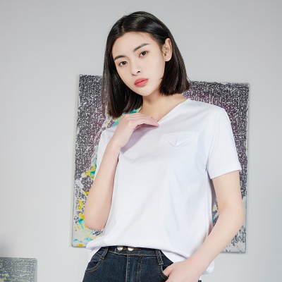 [无珉]2021新款夏装长绒80支双面丝光棉三角设计短袖t恤女