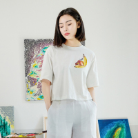 [无珉]2021新款夏装香蕉水果印花短款T恤短袖圆领手缝亮片珠