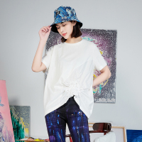 [无珉]2021新款夏装纯棉T恤不规则褶皱短袖t恤女