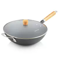 九阳炒锅无涂层炒锅电磁炉炒锅平底铁锅烹饪锅具炒菜锅电磁炉专用锅铸铁锅无涂层带盖榉木手柄30/32CM (有挂耳)