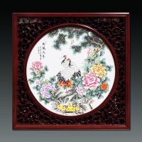 苏宁放心购粉彩瓷板画松鹤延年客厅挂画玄关装饰画实木框
