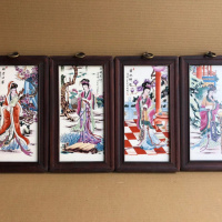 苏宁放心购仿古瓷板画红木镶瓷板画人物四条屏挂屏装饰亲壁画