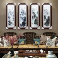 苏宁放心购陶瓷瓷板画客厅挂画装饰画实木四条屏餐厅饭店酒店挂屏瓷画