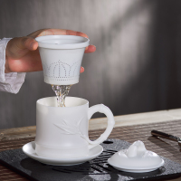 苏宁放心购手作德化羊脂玉白瓷办公水杯带盖过滤陶瓷茶杯竹节领导个人杯