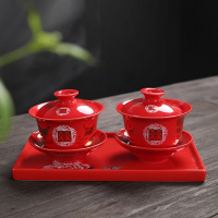 苏宁放心购红色婚庆敬茶碗红色婚庆结婚敬茶杯三才碗 献茶杯盖碗喜杯带托盘