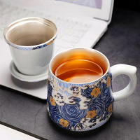 苏宁放心购999纯银茶杯带盖过滤办公杯鎏银杯子陶瓷茶水分离喝茶水杯礼盒装