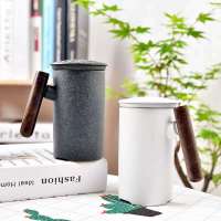 苏宁放心购木柄马克杯水杯茶杯个人杯带盖勺办公室陶瓷杯过滤泡茶分离水定制