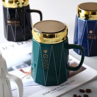 苏宁放心购北欧创意陶瓷马克杯带盖勺情侣咖啡水杯子大容量牛奶杯办公室茶杯