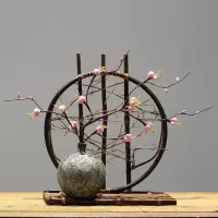 苏宁放心购新中式复古陶瓷花瓶插干花禅意摆件 手工编织竹子客厅装饰品茶室