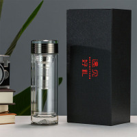 徽富源 HFY-5307/5308四方尊商务双层水晶玻璃杯茶水分离男女家用学生杯带滤网茶隔带盖带礼盒旅行便携泡茶杯花茶杯