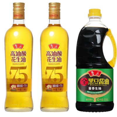 鲁花高油酸花生油750ML2瓶装与全黑豆酱香生抽酱油800ML1瓶组合装  食用油