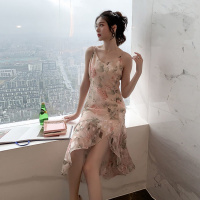 欧根纱吊带裙 2020新款粉色碎花连衣裙女荷叶边高腰仙女裙子