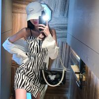 秋季韩版复古斑马纹开叉吊带连衣裙套装薄款针织长袖开衫两件套女