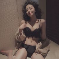 性感黑色蕾丝小胸显大无钢圈内衣女聚拢收副乳调整型少女加厚文胸