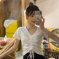 2021年夏季抽绳高腰露脐短袖T恤女装设计感心机紧身短款上衣ins潮