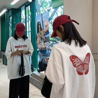 含棉]大码短袖女装2021夏季新款韩版宽松学生蝴蝶印花T恤女潮流