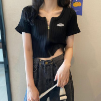短款针织短袖T恤女网红夏季修身显瘦2021新款设计感拉链上衣ins潮