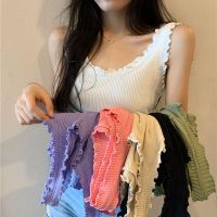 chic韩版外穿木耳边针织上衣背心修身显瘦短款无袖打底衫夏装女装