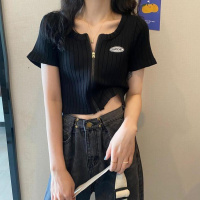 网红黑色短款针织T恤女春夏装2021新款设计感拉链短袖上衣服ins潮