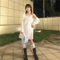 两单件套装韩风chic 秋季新款高腰小碎花连衣裙+白色针织外搭开衫[15天内发货]