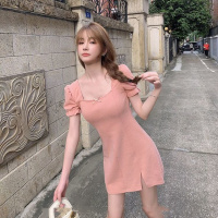 法式复古方领泡泡袖连衣裙2021新气质收腰显瘦短款裙女夏小个子