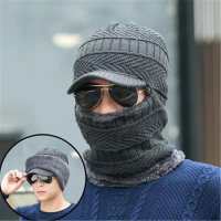 男士冬天加绒毛线帽 围脖一体骑车防寒保暖帽 护耳套头加厚针织帽