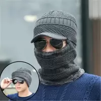 男士冬天加绒毛线帽 围脖一体骑车防寒保暖帽 护耳套头加厚针织帽