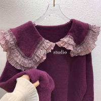 韩版时尚宽松甜美减龄拼接蕾丝花边娃娃领针织衫女大翻领毛衣外套