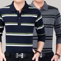 秋季中年男士长袖t恤宽松加肥加大爸爸装休闲条纹polo衫男装秋衣