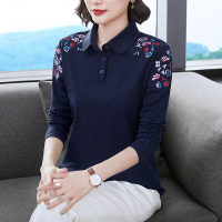 妈妈秋装翻领上衣长袖t恤纯棉宽松绣花中老年女装全棉有领popl衫
