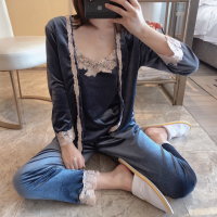 春秋季睡衣女性感蕾丝长袖韩版金丝绒睡袍三件套装冬天吊带家居服