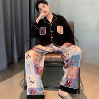 睡衣男士秋季冰丝薄款长袖加肥青少年宽松夏天仿真丝绸家居服套装