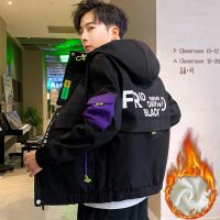 外套男连帽印花夹克秋冬季新款加绒外套韩版潮流青年学生衣服男装