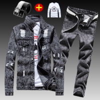 春秋季男士牛仔外套搭配长裤子一套装韩版潮流帅气衣服夹克男褂子