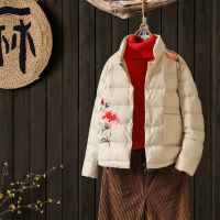 白鸭绒民族风刺绣羽绒服女短款冬季女装学生立领新款复古外套