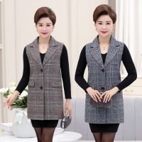 妈妈装坎肩马甲中老年春秋女装马甲中长款大码格子外套女无袖背心