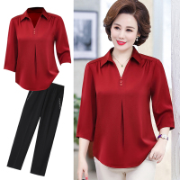 妈妈秋装两件套装40岁洋气小衫衬衣中老年女春夏季七分袖上衣红色